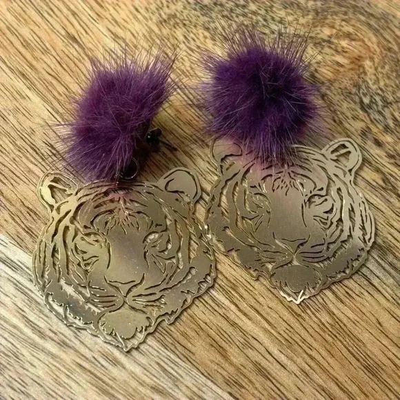 LSU Tiger Inspired Earrings Handmade Goldtone Purple Mink‎ Pompom - Picture 1 of 4